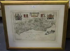 Suthsexia vernacule Sussex' (Map of the County) by Johannes Blaeu, engraving with later hand-colouring, sold Feb 2019