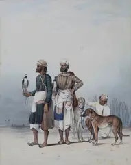 Emily Eden, Falconers, sent by the King of Oudh, lithograph with period hand-colouring