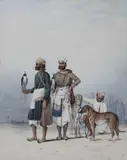 Emily Eden, Falconers, sent by the King of Oudh, lithograph with period hand-colouring