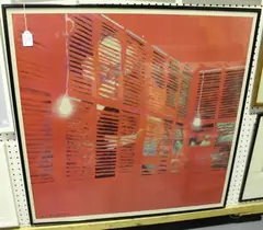 Jacobo Borges, Figure peering through Shutters into a Bulb-lit Interior, serigraph
