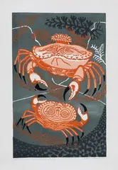Edward Bawden, Aesop's Fables: An Old Crab & a Young, colour linocut