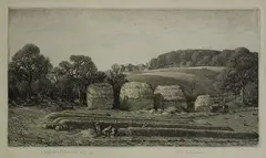 Stanley Roy Badmin, Potato Clamps, hand-coloured etching