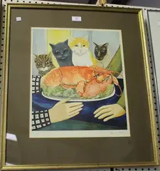 Beryl Cook, Four Hungry Cats, colour print
