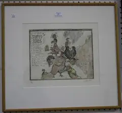 Stuffed Birds by Chris Orr, etching with hand colouring, sold May 2018
