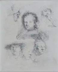 Rembrandt van Rijn, Studies of the Head of Saskia and others, etching on laid paper