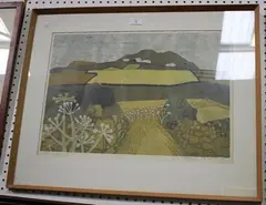 Allan Jennings, Landscape with Fields and Road, 1960, linocut in colours