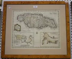 Emanuel Bowen, A New and Accurate Map of the Island of Jamaica, engraving with later hand-colouring