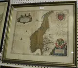 Joan Blaeu, Norvegia Regnum, Vulgo Nor-ryke' (Map of Norway), engraving with later hand-colouring