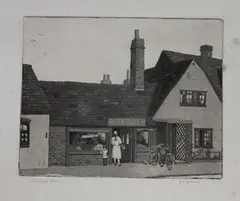 Shops at Shere by Stanley Roy Badmin, monochrome etching, sold Oct 2017