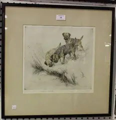 George Vernon Stokes, Terriers on a River Bank, hand-coloured etching