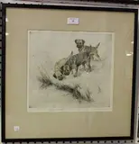 George Vernon Stokes, Terriers on a River Bank, hand-coloured etching