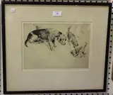 George Vernon Stokes, Foxhound and Terriers at a Rabbit Hole, monochrome etching