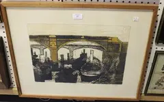 Tugs by Charles Bartlett, etching with aquatint printed in brown and black, sold Oct 2017