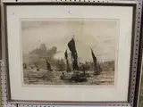 London's River 1900' (Barges and Shipping on the Thames) by William Lionel Wyllie, monochrome etching, sold Oct 2017