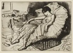 Laura Knight, Sleeping Dancer, monochrome drypoint etching