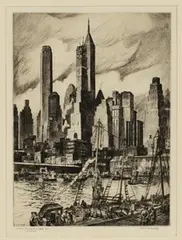 William Charles McNulty, Fulton Market Docks, 1931, monochrome etching
