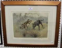Henry Wilkinson, Two Staffordshire Bull Terriers in a Landscape, hand-coloured etching