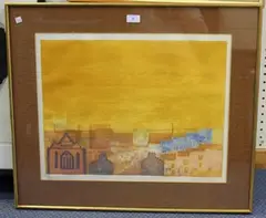 Helena Markson, Everton from Brow Side, coloured etching