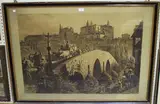 Axel Haig, Continental Scene with Figures and Animals crossing a Bridge, monochrome etching