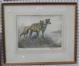 Henry Wilkinson, Two Whippets in a Landscape, coloured etching