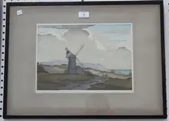Eric Slater, A Sussex Mill, colour woodcut