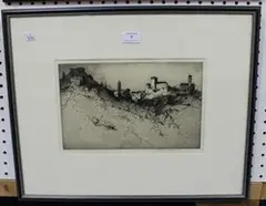 Albany E. Howarth, Italian Hilltop Town, monochrome etching