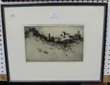 Albany E. Howarth, Italian Hilltop Town, monochrome etching