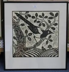 Adele Brooks, Magpie, 1989, linocut