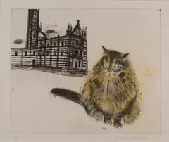 Elizabeth Blackadder, Cat with Cathedral, etching with aquatint