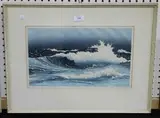 Oscar Droege, View of Crashing Waves, colour woodblock, signed in pencil
