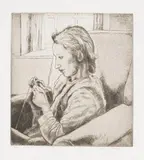 Edgar Holloway, Daisy Monica Knitting, monochrome etching and sandpaper aquatint