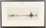 Battleships, One with Dazzle Camouflage, off a Foreign Port by William Lionel Wyllie, monochrome etching, sold Apr 2016