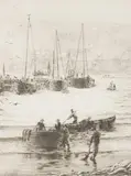 View of a Fishing Harbour in the North of England by William Lionel Wyllie, monochrome etching, sold Apr 2016