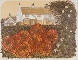 Robert Tavener, Cottage and Garden' and 'Tithe Barn and Lilies', two 20th Century colour linocuts, artist's proofs