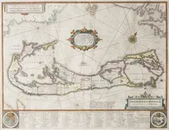 Henricus Hondius, Mappa Aestivarum Insularum alias Barmudas ...' (Map of Bermuda), early/mid-17th Century engraving with near period colour in outline