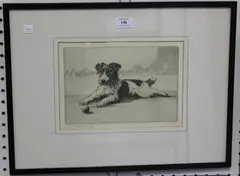 Peter Vernon, Study of a Terrier with a Ball, monochrome etching