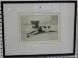 Peter Vernon, Study of a Terrier with a Ball, monochrome etching