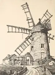 Kenneth Steel, Six Sailed Mill, Heage, early/mid-20th Century monochrome etching