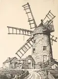 Kenneth Steel, Six Sailed Mill, Heage, early/mid-20th Century monochrome etching