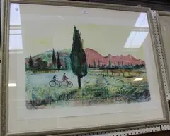 Landscape with Cyclists by Jamie Boyd, colour lithograph, sold Apr 2016