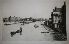 Douglas Ian Smart, Victoria Embankment from the County Hall, monochrome etching