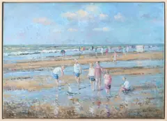 Pieter van Noort, strandgezicht, Van Noort, 20e eeuw strandgezicht met figuren, Zandvoort, olieverf op linen 80x60cm Cond: G