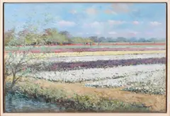Pieter van Noort, bollenveld, Van Noort 20e eeuw, bollenveld Heemstede, Holland met figuren, olieverf op linnen 50x70cm Cond:G