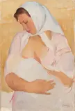 Russisch schilderij, moeder met kind, Verso Colosukow? Russische school moeder met kind, olieverf op linnen 60x41 Cond:G
