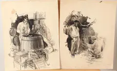 Piet van de Hem, 2 tekeningen, Twee Piet van de Hem tekeningen, twee humoristische karikatuur voorstellingen, inkt op papier