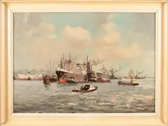 Adri Verveen, havengezicht, Adri Verveen 19-12-1988 Rotterdamse haven, olieverf op linnen 50x70 Cond:G
