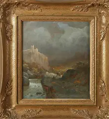 Duits schilderij, 19e eeuw, Onduidelijk gesigneerd 19e eeuw (Duitse School?), olieverf op paneel, bergachtig landschap met figuren 23x20cm