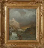 Duits schilderij, 19e eeuw, Onduidelijk gesigneerd 19e eeuw (Duitse School?), olieverf op paneel, bergachtig landschap met figuren 23x20cm