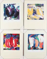 4x Tulpen, zeefdruk, Smit (JAS) abstracte florale composities litho op papier 30x30 Cond:G