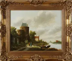 H. Verdonck, riviergezicht, Henk Verdonck 2e helft 20e eeuw, olieverf op paneel, riviergezicht met kasteeltje en figuren 50x40cm